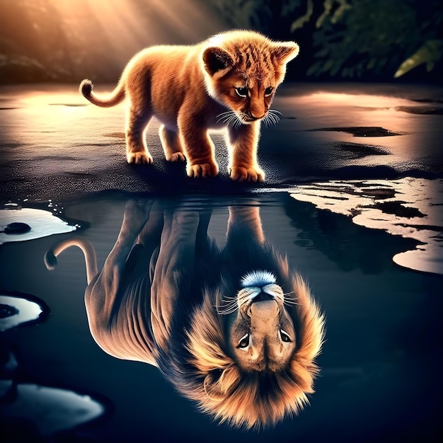 Un lionceau est représenté en train de regarder dans l'eau et de voir son reflet tout comme un lion adulte.