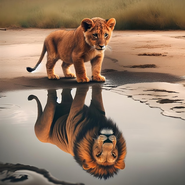 Un lionceau est représenté en train de regarder dans l'eau et de voir son reflet tout comme un lion adulte.