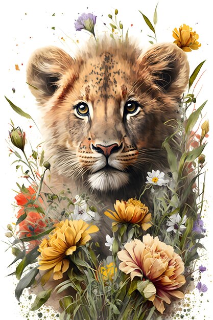 Un lionceau avec des fleurs dessus