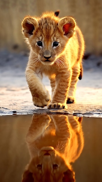 Un lionceau marchant dans l'eau