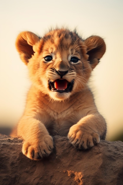 Photo un lionceau mignon et minimaliste avec une expression drôle, illustration générée par l'ia