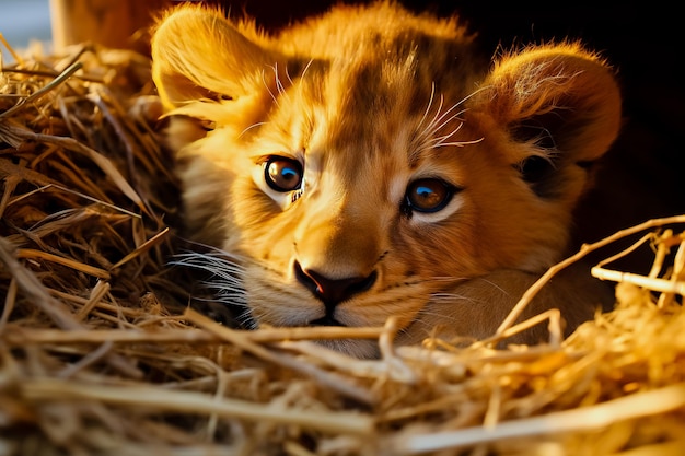 Un lionceau nouveau-né est allongé dans une botte de foin.