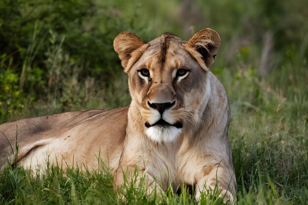 La lionne alerte regarde majestueusement dans la photographie de la région sauvage