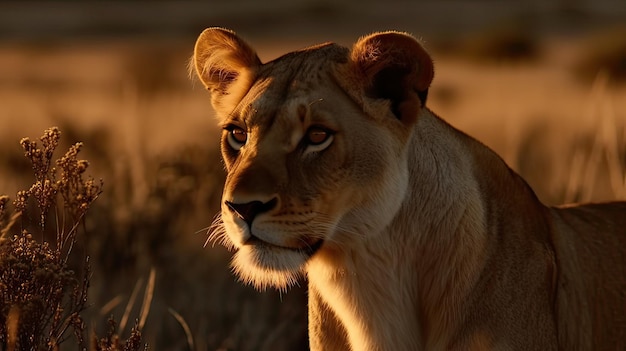 Une lionne au coucher du soleil