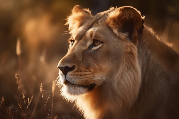 Une lionne dans un champ d'herbe