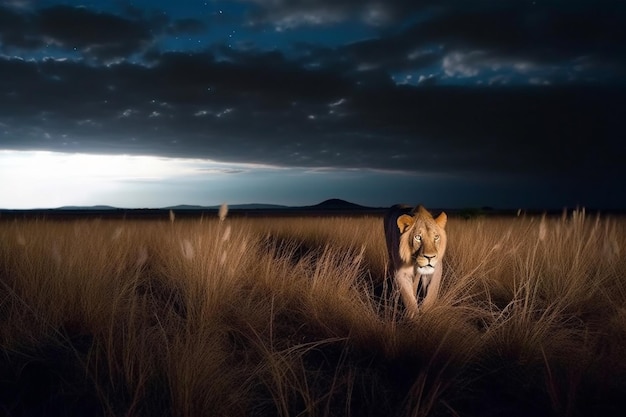 Une lionne dans l'herbe la nuit