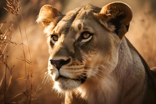 Une lionne à l'état sauvage avec un buisson en arrière-plan