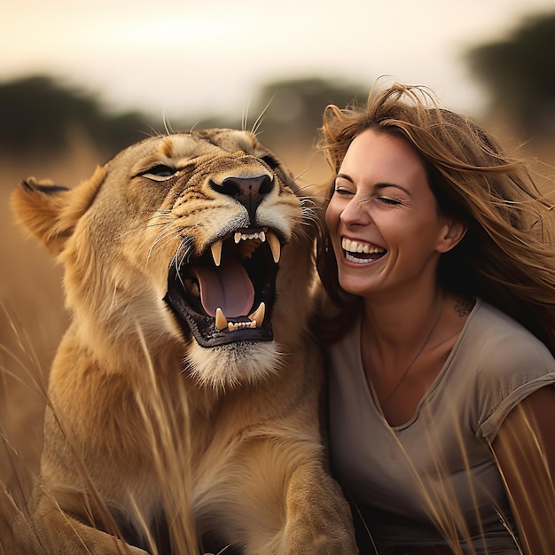 La lionne et la femme rient ensemble dans la savane.