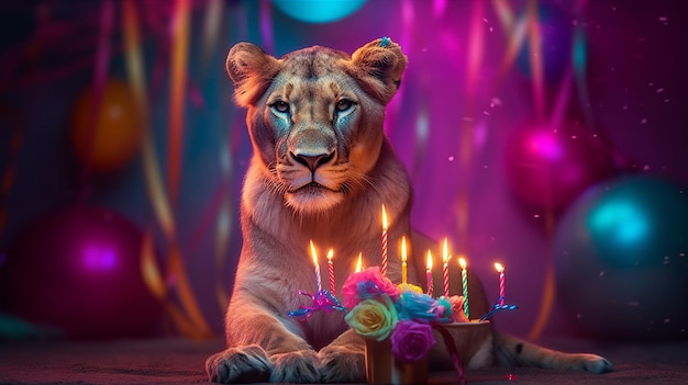 Une lionne avec un gâteau d'anniversaire et des bougies