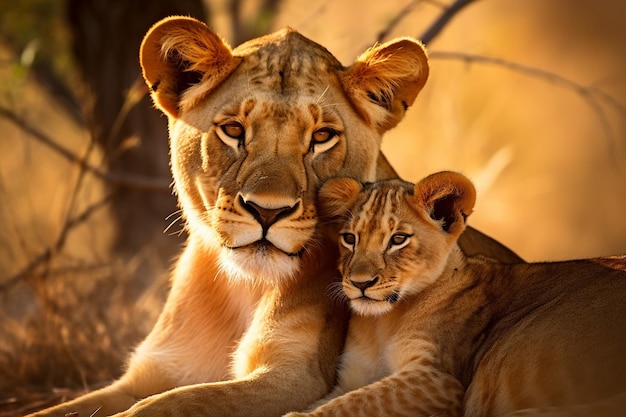 Lionne et lionceau IA générative en Afrique du Sud