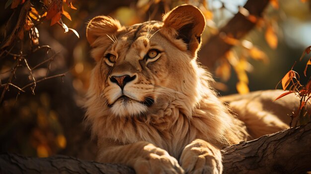 Une lionne majestueuse se reposant à l'ombre d'un arbre dans la savane africaine capturant la beauté et le pouvoir de la faune