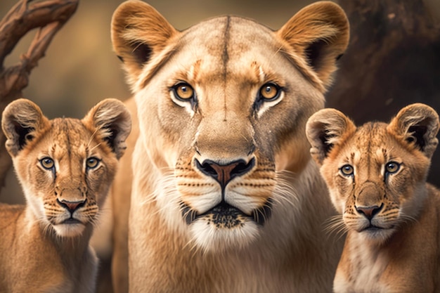Une lionne avec ses petits à l'état sauvage