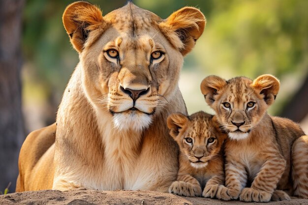 une lionne et ses petits sont allongés sur le sol