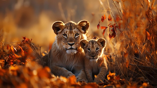 Photo lionne avec son petit dans le paysage de la faune