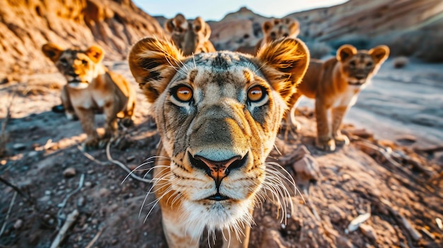 Lions sur un champ de terre