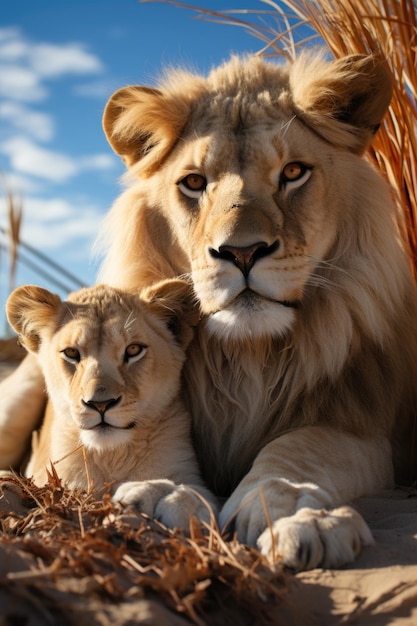 Les lions mâles et femelles se couchent dans le sable et se reposent IA générative