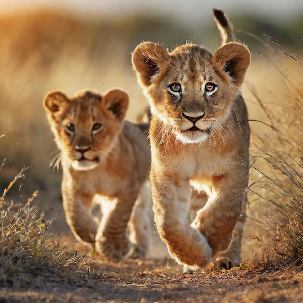 Des lions marchant dans la savane à la lumière du soleil.