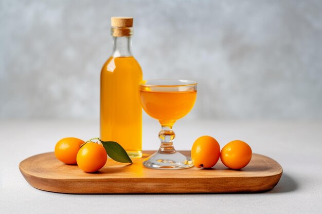 Liqueur de kumquat avec kumquat sur fond clair Teinture grecque de kumquat