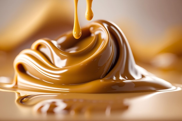 Liquide au caramel au lait doré qui coule générative ai