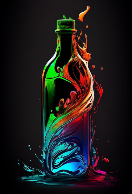 Liquide aux couleurs vives coulant d'une bouteille sur fond noir ai générative