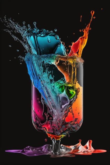 Liquide aux couleurs vives versé dans un verre avec une éclaboussure d'eau ai générative