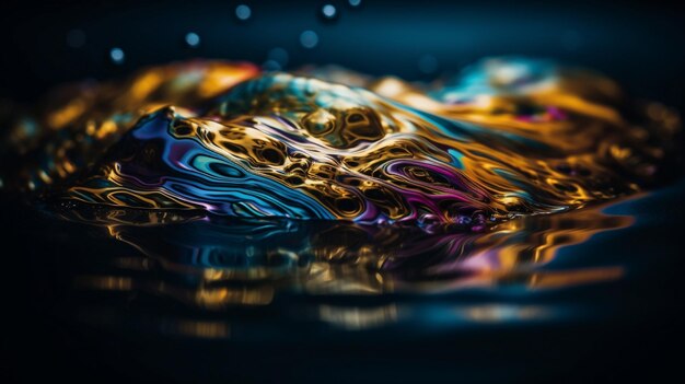 Un liquide coloré flotte dans une piscine bleu foncé.