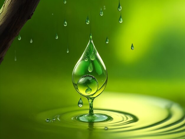 Le liquide doré coule et le fond vert naturel flou Le miel ou le caramel coule vers le f