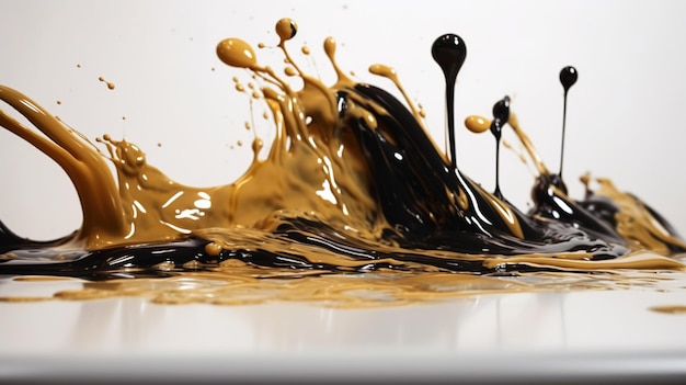 Un liquide noir et marron est renversé sur une surface blanche.