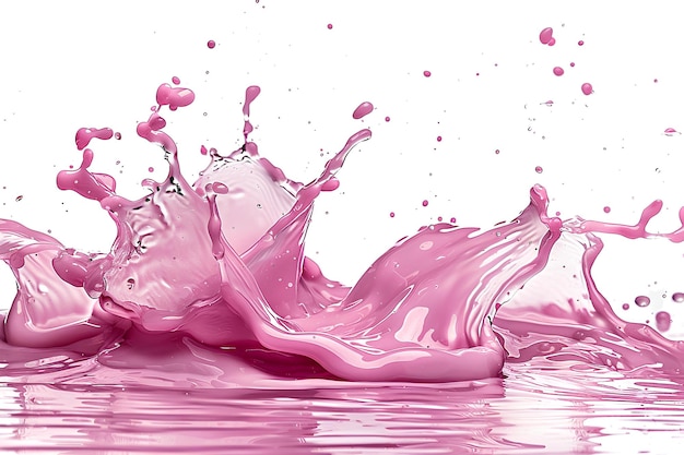 Un liquide rose éclaboussant dans l'eau sur un fond blanc avec un reflet de l'eau et le