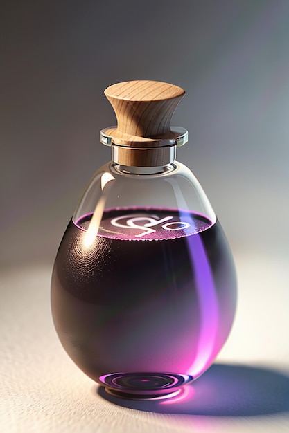 Le liquide rose violet dans la bouteille en verre est limpide et magnifique à travers la lumière.