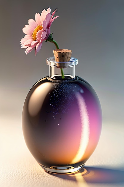 Le liquide rose violet dans la bouteille en verre est limpide et magnifique à travers la lumière.