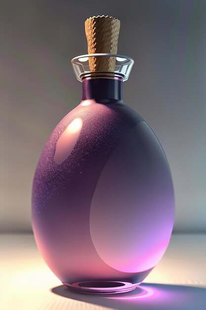 Le liquide rose violet dans la bouteille en verre est limpide et magnifique à travers la lumière.