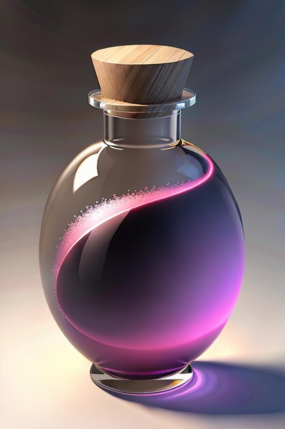 Le liquide rose violet dans la bouteille en verre est limpide et magnifique à travers la lumière.