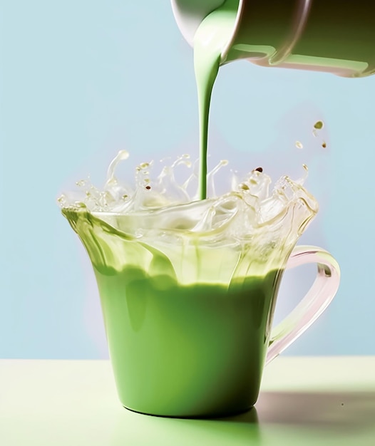 Un liquide vert versé dans un pichet en verre.