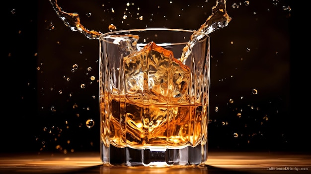 Le liquide de whisky tombant dans le mouvement de congélation du verre