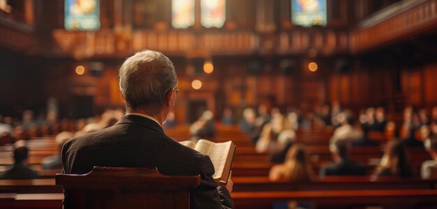 lire une bible dans une église devant un groupe de fidèles