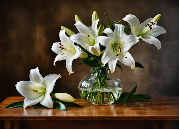 Des lis dans un vase sur une table en bois