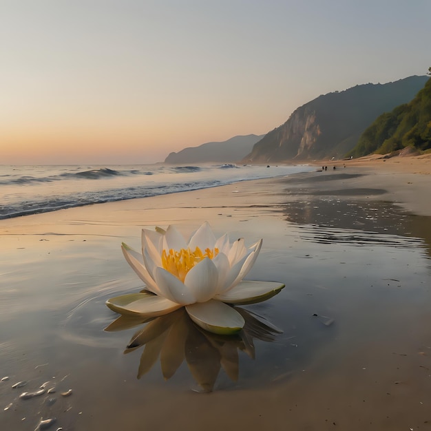 un lis d'eau blanc est assis dans le sable sur une plage