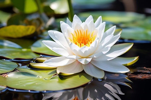 un lis d'eau dans un étang avec des lys d'eau en arrière-plan.