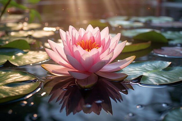 Photo un lis d'eau rose se repose délicatement sur la surface d'un étang serein