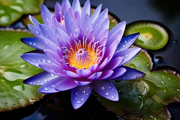 un lis d'eau violet avec des gouttes d'eau dessus et les gouttesd'eau sur le dessus