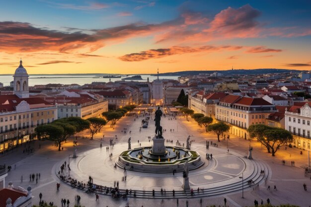 Lisbonne Portugal Vue panoramique de la place Alfama au coucher du soleil Panorama aérien de Lisbonne Vue de la ville européenne sur le monument de la place Marques Pombal AI généré