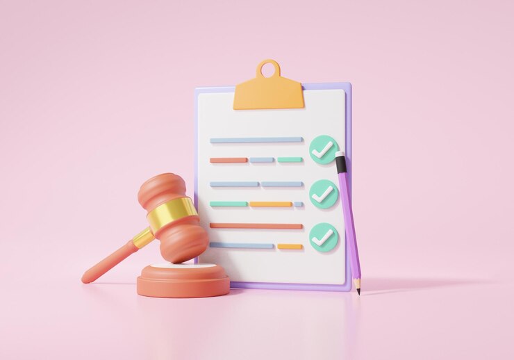 Liste de contrôle sur un concept de verdict de marteau de papier de presse-papiers Le juge arbitre le jugement du palais de justice Marteau sur fond rose illustration rendu 3D