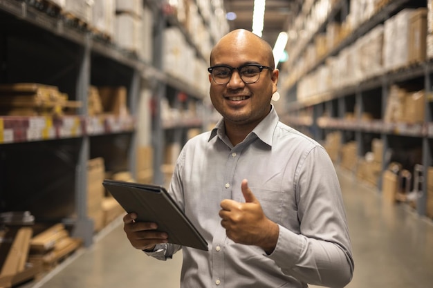 La liste de contrôle du jeune gestionnaire gère le produit de la boîte à colis dans l'entrepôt. Superviseur asiatique utilisant une tablette travaillant dans l'industrie du magasin montrant les pouces vers le haut. Concept logistique d'import-export.