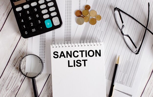 LISTE DE SANCTIONS écrite dans un bloc-notes blanc près d'une calculatrice, de l'argent, des lunettes, une loupe et un stylo