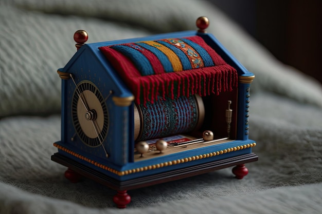 Lit d'aiguille de boîte à musique en bois peint bleu et rouge créé avec l'IA générative