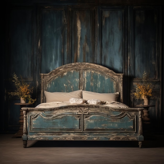 Un lit antique peint en bleu et blanc capture le charme rustique de l'élégance vintage