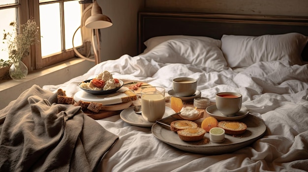 Un lit avec des assiettes de petit déjeuner sur le dessus