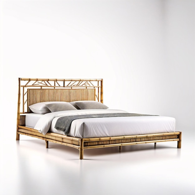 un lit en bambou avec une tête de bambou et un pied de bambou