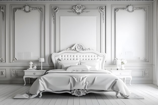 un lit blanc avec un lit blanc et une image d'une image encadrée sur le mur